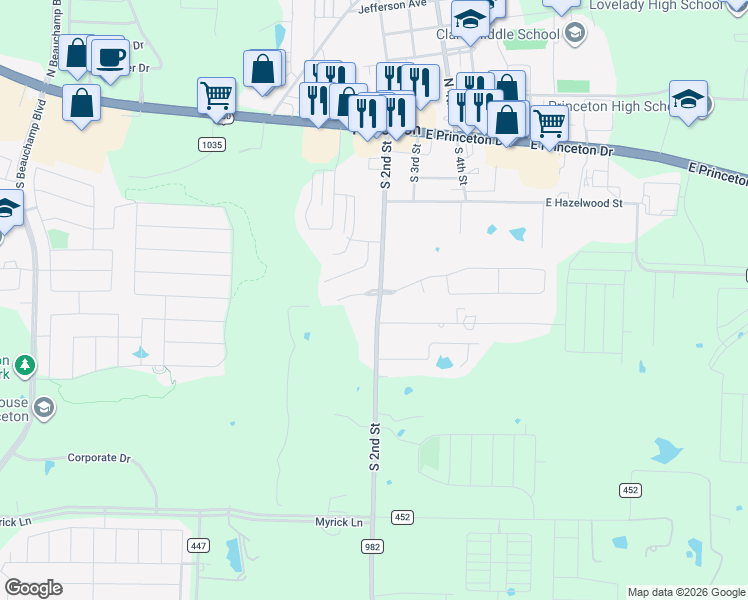 map of restaurants, bars, coffee shops, grocery stores, and more near 301 Timbercreek Court in Princeton