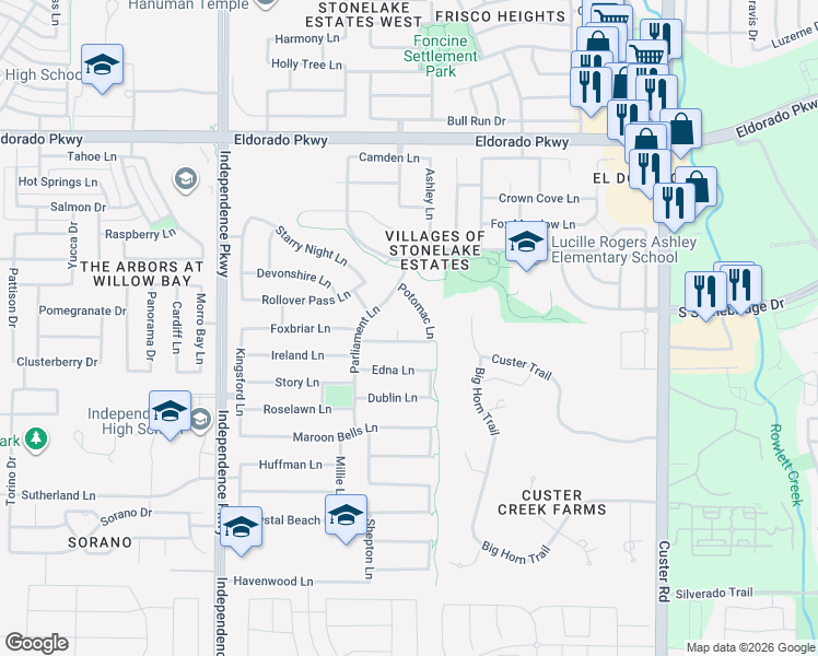 map of restaurants, bars, coffee shops, grocery stores, and more near 11053 Potomac Lane in Frisco