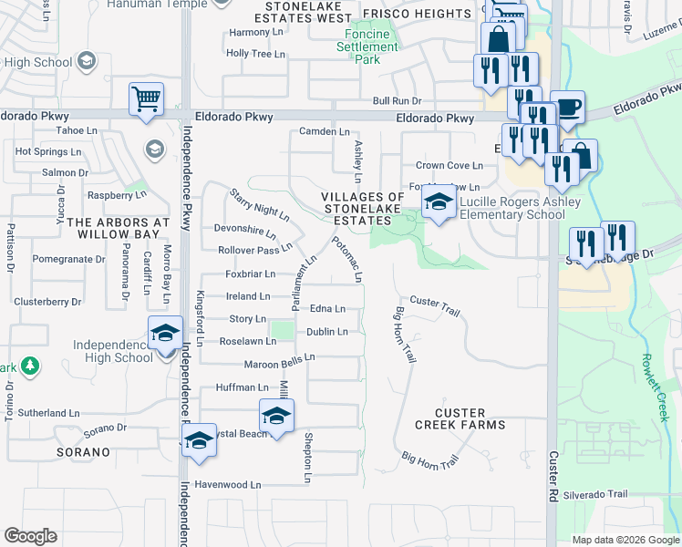 map of restaurants, bars, coffee shops, grocery stores, and more near 11053 Potomac Lane in Frisco