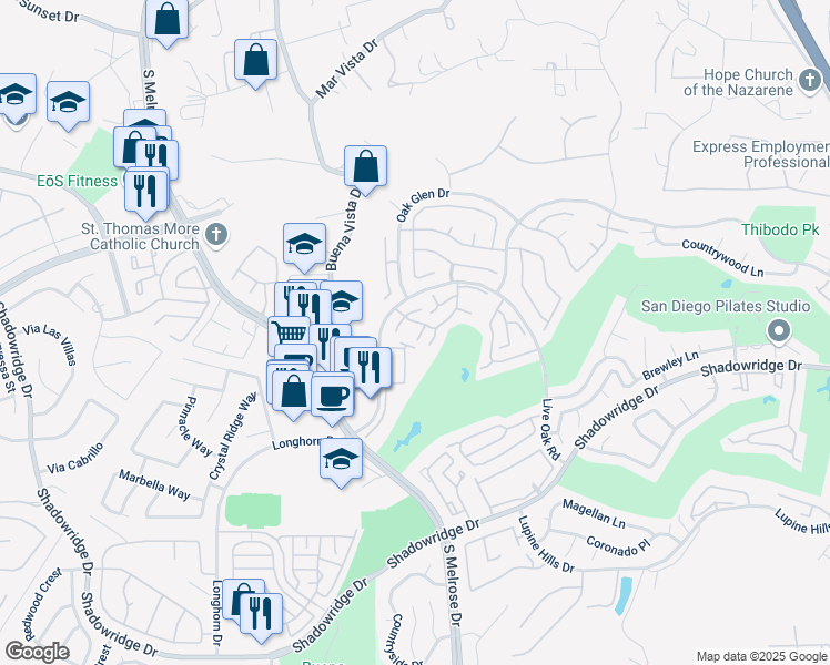 map of restaurants, bars, coffee shops, grocery stores, and more near 1412 Camara Court in Vista