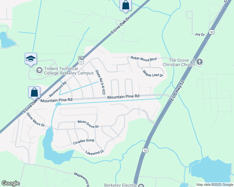 map of restaurants, bars, coffee shops, grocery stores, and more near 99 White Pine Court in Moncks Corner