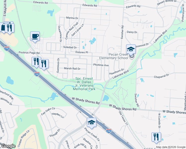 map of restaurants, bars, coffee shops, grocery stores, and more near 4720 Dogwood Drive in Denton