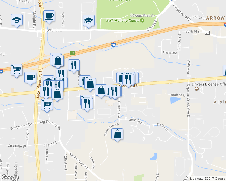 map of restaurants, bars, coffee shops, grocery stores, and more near 1771 Skyland Boulevard East in Tuscaloosa