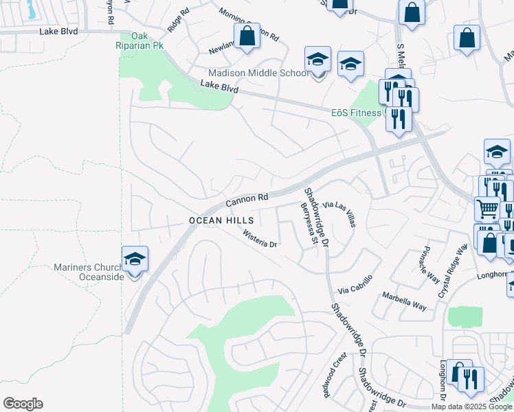 map of restaurants, bars, coffee shops, grocery stores, and more near 3850 Sienna Street in Oceanside