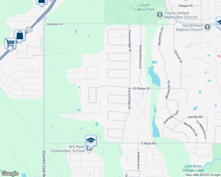 map of restaurants, bars, coffee shops, grocery stores, and more near 108 El Paseo Street in Denton