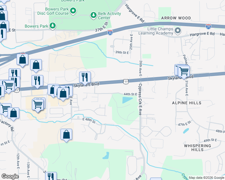 map of restaurants, bars, coffee shops, grocery stores, and more near 2320 44th Street East in Tuscaloosa