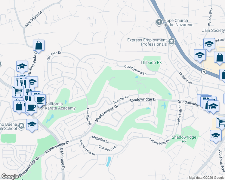 map of restaurants, bars, coffee shops, grocery stores, and more near 1981 Stonecrest Court in Vista