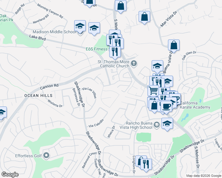 map of restaurants, bars, coffee shops, grocery stores, and more near 3677 Via Bernardo in Oceanside