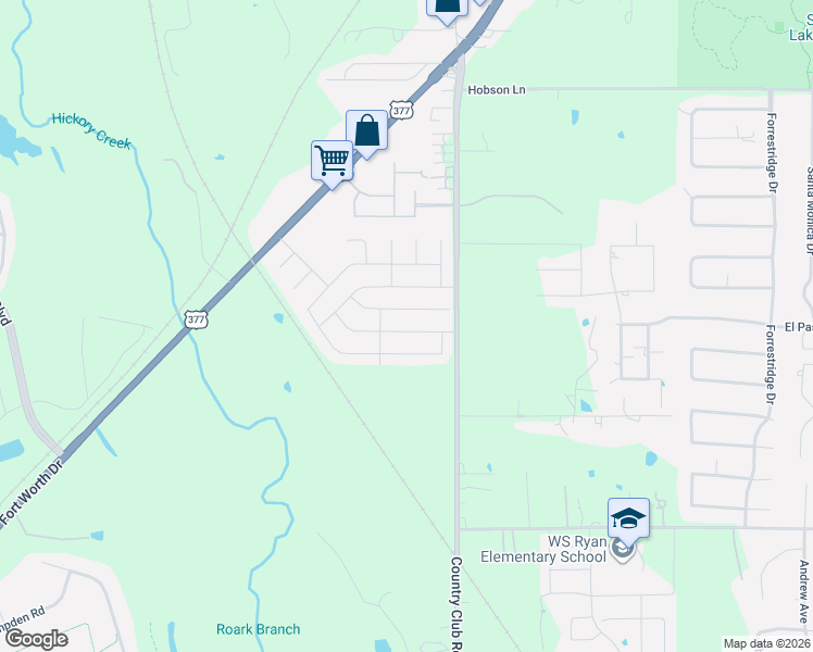 map of restaurants, bars, coffee shops, grocery stores, and more near 1021 Beechwood Drive in Denton