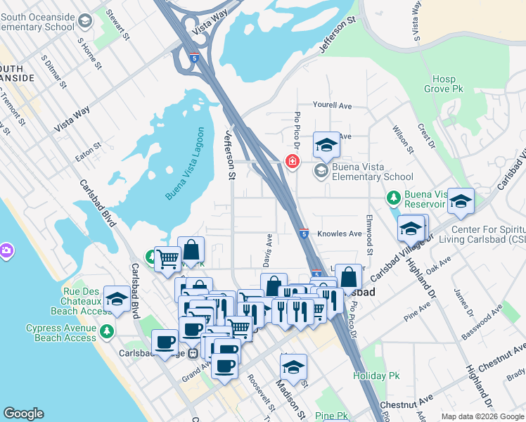 map of restaurants, bars, coffee shops, grocery stores, and more near 1080 Buena Place in Carlsbad