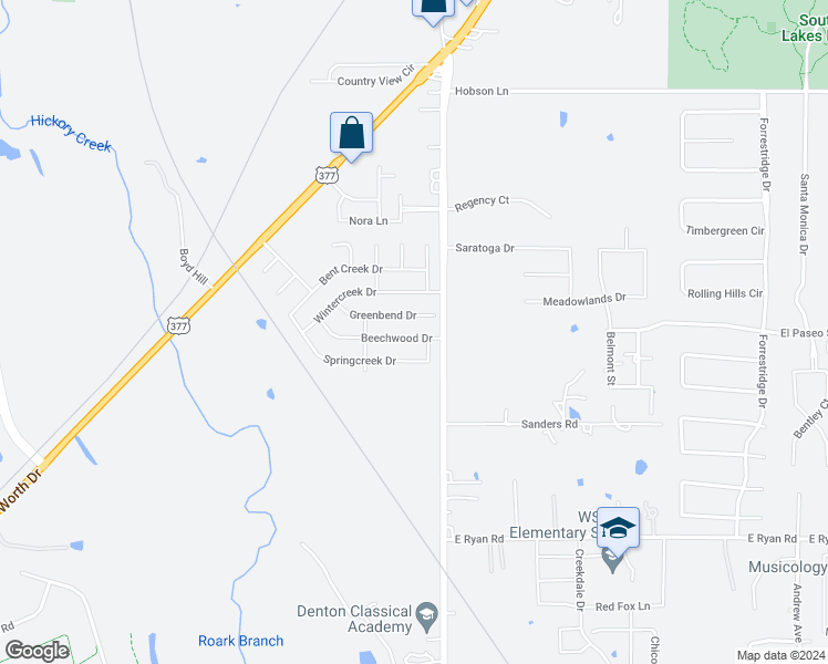 map of restaurants, bars, coffee shops, grocery stores, and more near 920 Beechwood Drive in Denton