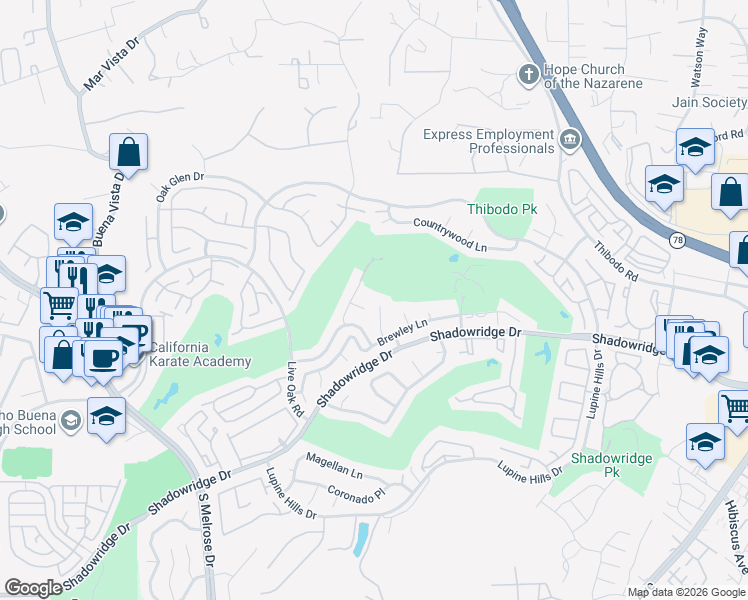 map of restaurants, bars, coffee shops, grocery stores, and more near 1981 Stonecrest Court in Vista