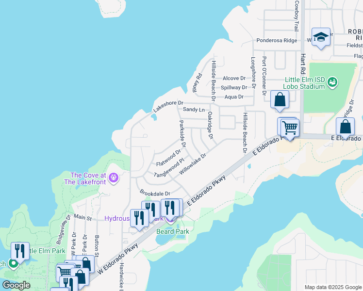 map of restaurants, bars, coffee shops, grocery stores, and more near 253 Flatwood Drive in Little Elm