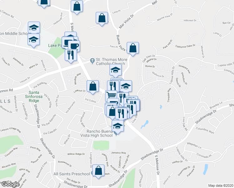 map of restaurants, bars, coffee shops, grocery stores, and more near 1580 South Melrose Drive in Vista