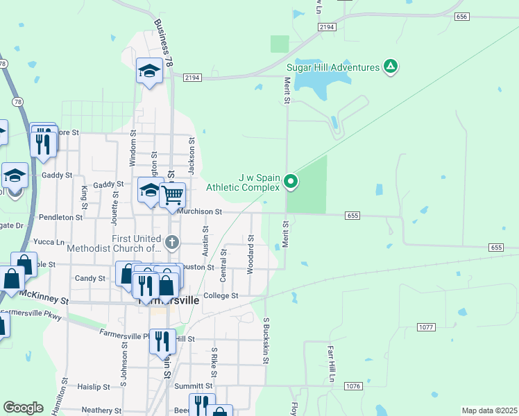 map of restaurants, bars, coffee shops, grocery stores, and more near 403 Murchison Street in Farmersville