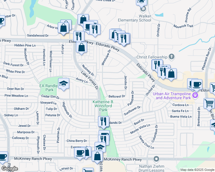 map of restaurants, bars, coffee shops, grocery stores, and more near 4609 Green Meadow Drive in McKinney