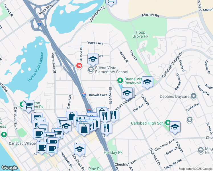 map of restaurants, bars, coffee shops, grocery stores, and more near 1384 Cynthia Lane in Carlsbad