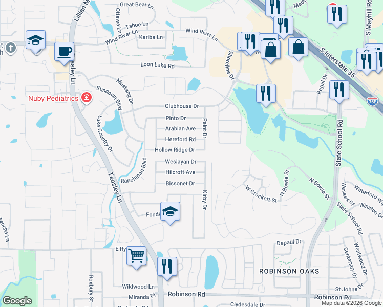 map of restaurants, bars, coffee shops, grocery stores, and more near 2817 Weslayan Drive in Denton