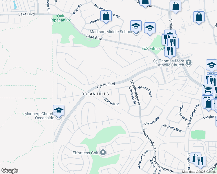map of restaurants, bars, coffee shops, grocery stores, and more near 3850 Sienna Street in Oceanside