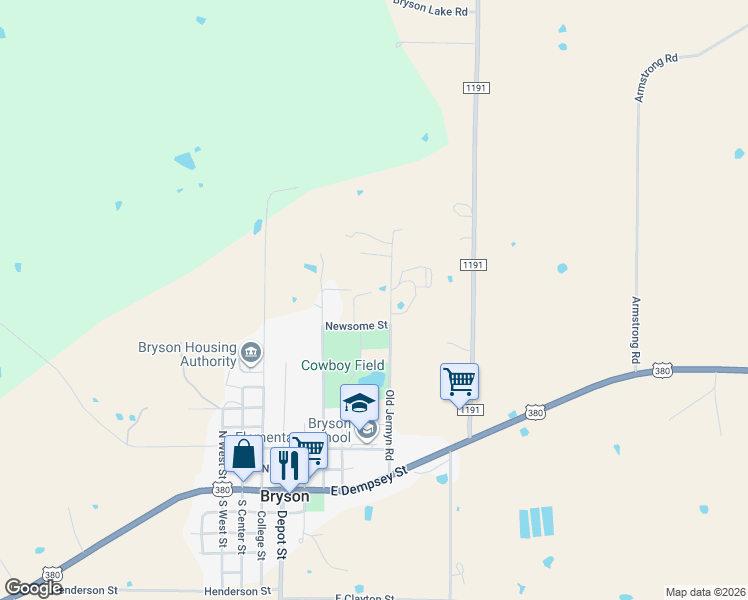 map of restaurants, bars, coffee shops, grocery stores, and more near 2 Dennis Street in Bryson