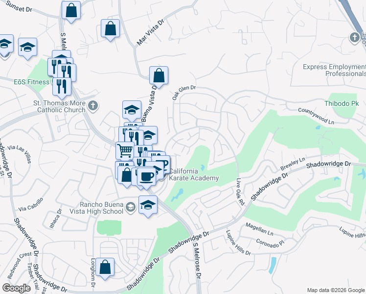 map of restaurants, bars, coffee shops, grocery stores, and more near 1404 Camara Court in Vista