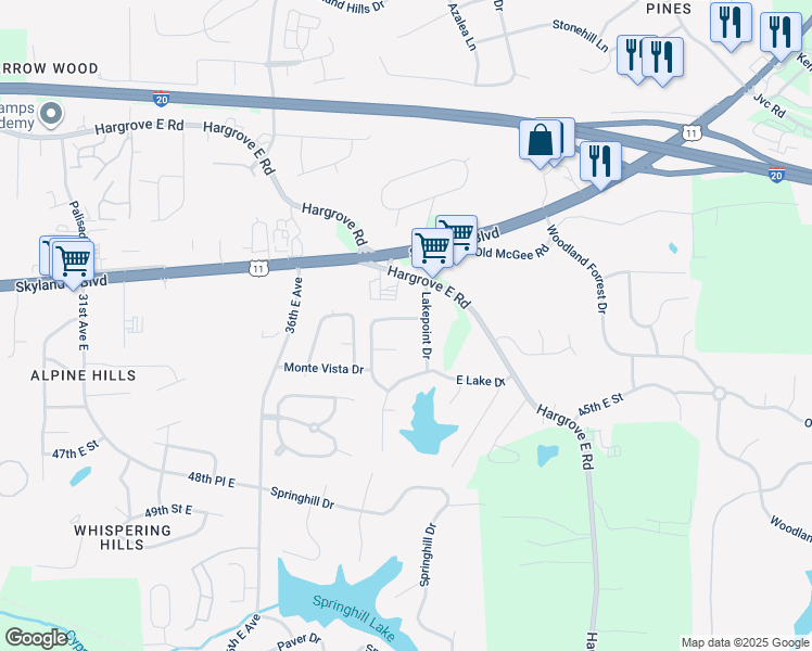 map of restaurants, bars, coffee shops, grocery stores, and more near 4207 Lake Bend Drive in Tuscaloosa