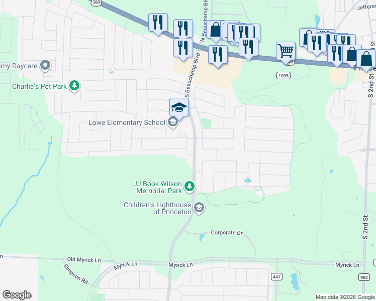 map of restaurants, bars, coffee shops, grocery stores, and more near 801 Silverbell Street in Princeton
