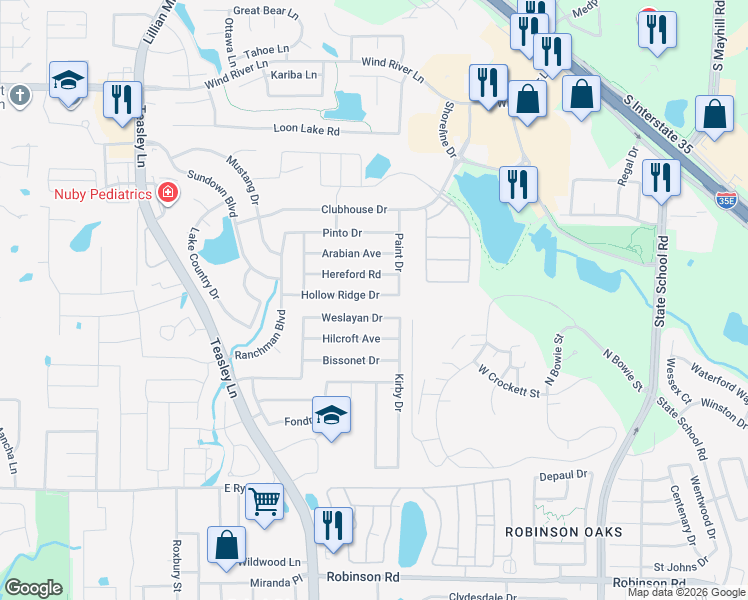 map of restaurants, bars, coffee shops, grocery stores, and more near 2817 Weslayan Drive in Denton
