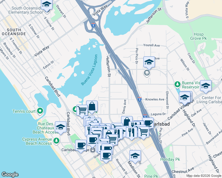 map of restaurants, bars, coffee shops, grocery stores, and more near 2530 Jefferson Street in Carlsbad