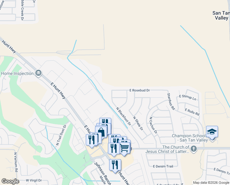 map of restaurants, bars, coffee shops, grocery stores, and more near 477 East Rosebud Drive in San Tan Valley