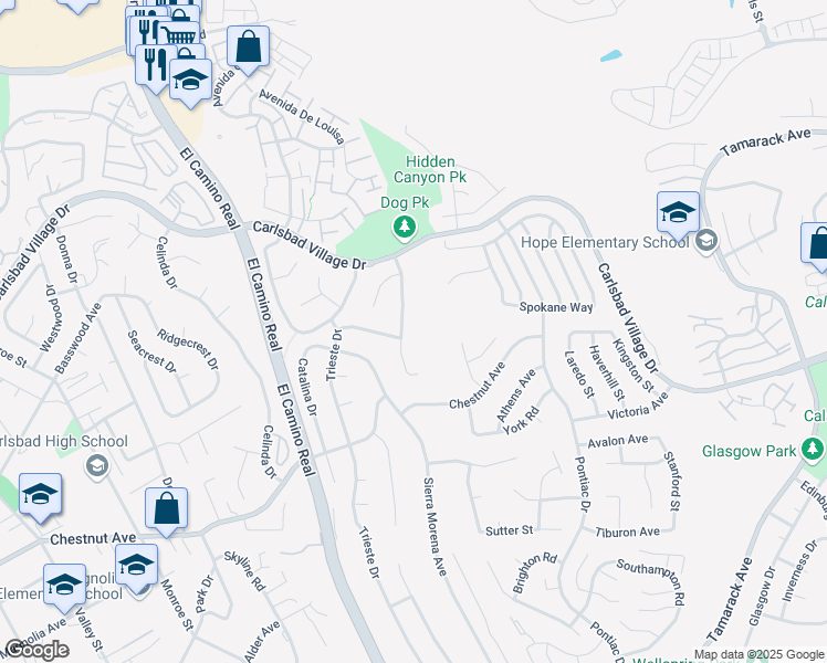 map of restaurants, bars, coffee shops, grocery stores, and more near 3420 Santa Clara Way in Carlsbad