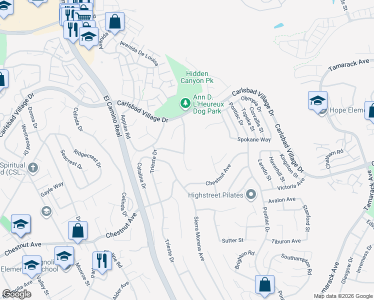 map of restaurants, bars, coffee shops, grocery stores, and more near 3420 Santa Clara Way in Carlsbad