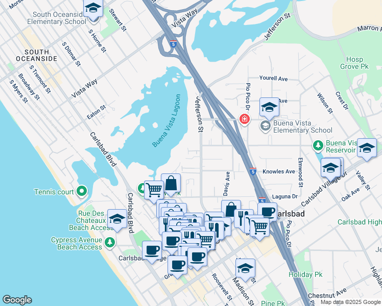 map of restaurants, bars, coffee shops, grocery stores, and more near 2535 Jefferson Street in Carlsbad
