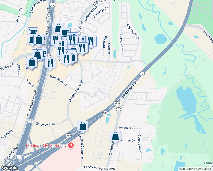 map of restaurants, bars, coffee shops, grocery stores, and more near 820 Emerling Dr in McKinney