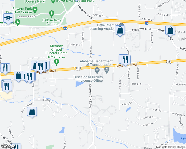 map of restaurants, bars, coffee shops, grocery stores, and more near 4413 Cypress Creek Avenue in Tuscaloosa