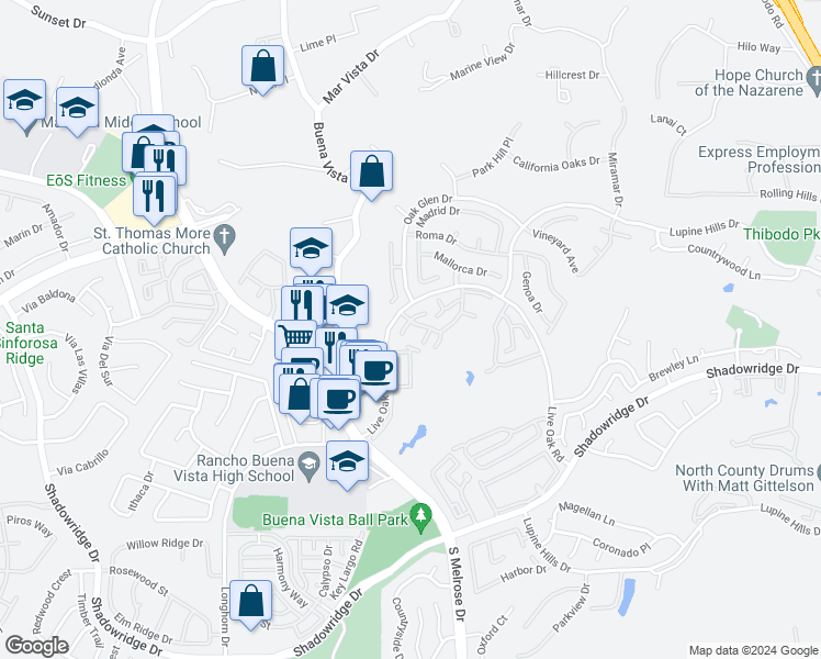 map of restaurants, bars, coffee shops, grocery stores, and more near 1407 Andorra Court in Vista