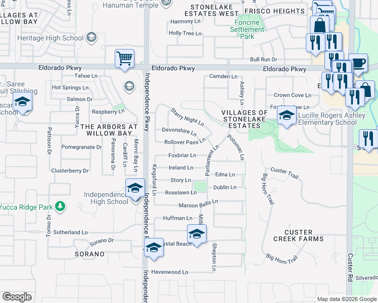 map of restaurants, bars, coffee shops, grocery stores, and more near 14869 Foxbriar Lane in Frisco