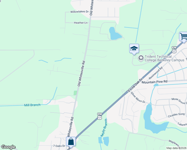 map of restaurants, bars, coffee shops, grocery stores, and more near 1640 Old Whitesville Road in Moncks Corner