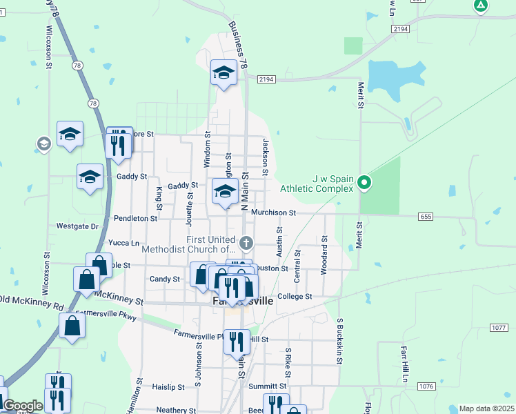 map of restaurants, bars, coffee shops, grocery stores, and more near 116 Murchison Street in Farmersville