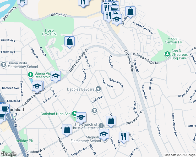 map of restaurants, bars, coffee shops, grocery stores, and more near 3306 Donna Drive in Carlsbad