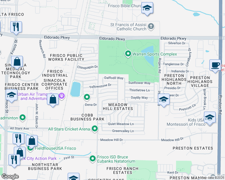 map of restaurants, bars, coffee shops, grocery stores, and more near 7491 Chinaberry Lane in Frisco