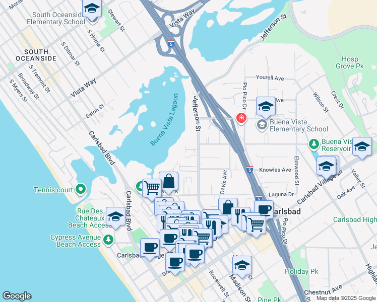 map of restaurants, bars, coffee shops, grocery stores, and more near 2535 Jefferson Street in Carlsbad