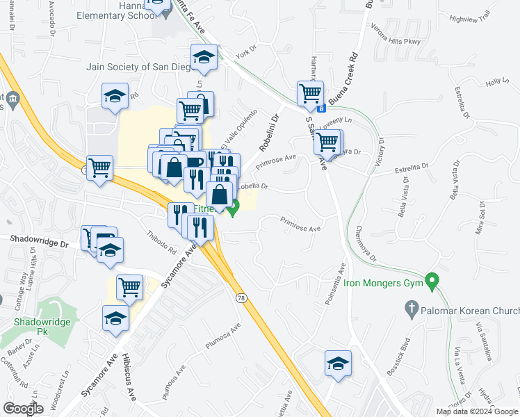map of restaurants, bars, coffee shops, grocery stores, and more near 2389 Primrose Avenue in Vista