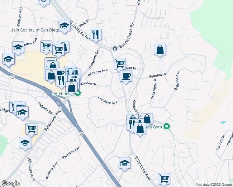 map of restaurants, bars, coffee shops, grocery stores, and more near 121 Azalea Drive in Vista