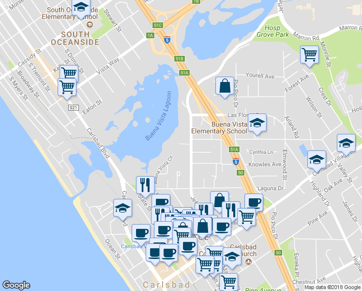 map of restaurants, bars, coffee shops, grocery stores, and more near 2535 Jefferson Street in Carlsbad