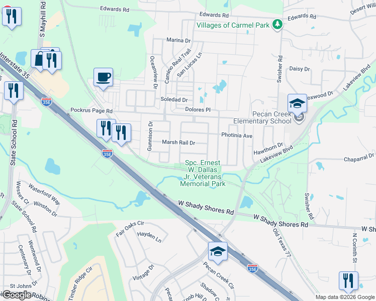 map of restaurants, bars, coffee shops, grocery stores, and more near 6020 Goldenrod Drive in Denton