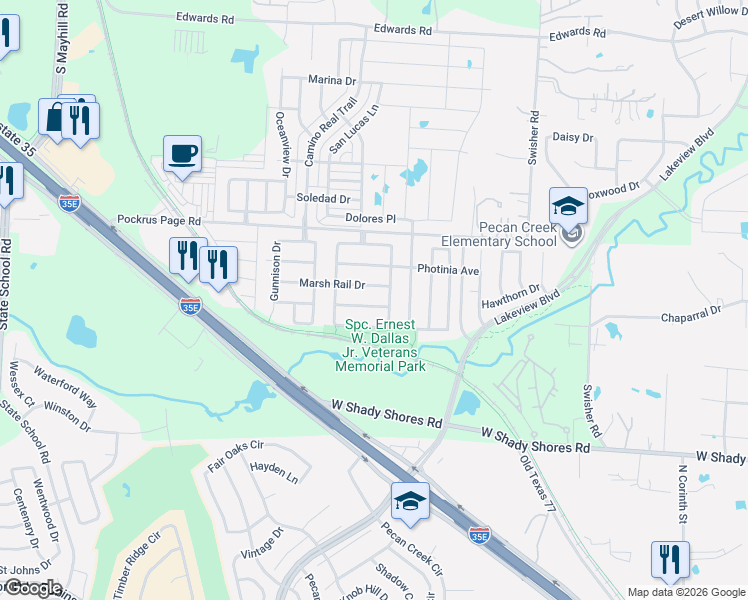 map of restaurants, bars, coffee shops, grocery stores, and more near 6020 Goldenrod Drive in Denton