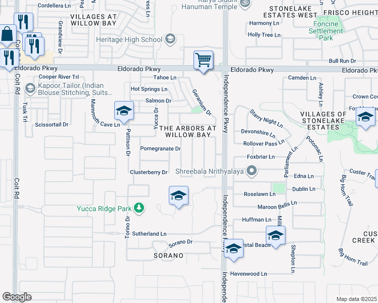 map of restaurants, bars, coffee shops, grocery stores, and more near 10960 Panorama Drive in Frisco