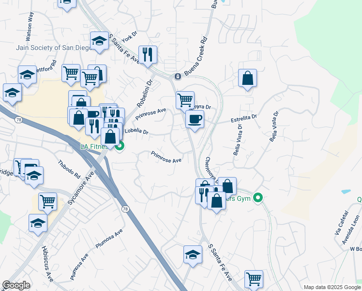 map of restaurants, bars, coffee shops, grocery stores, and more near 121 Azalea Drive in Vista