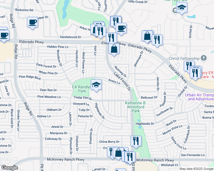 map of restaurants, bars, coffee shops, grocery stores, and more near 3405 Almond Lane in McKinney